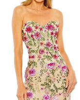 Beige Strapless Bustier Floral Embroidered Mermaid Gown